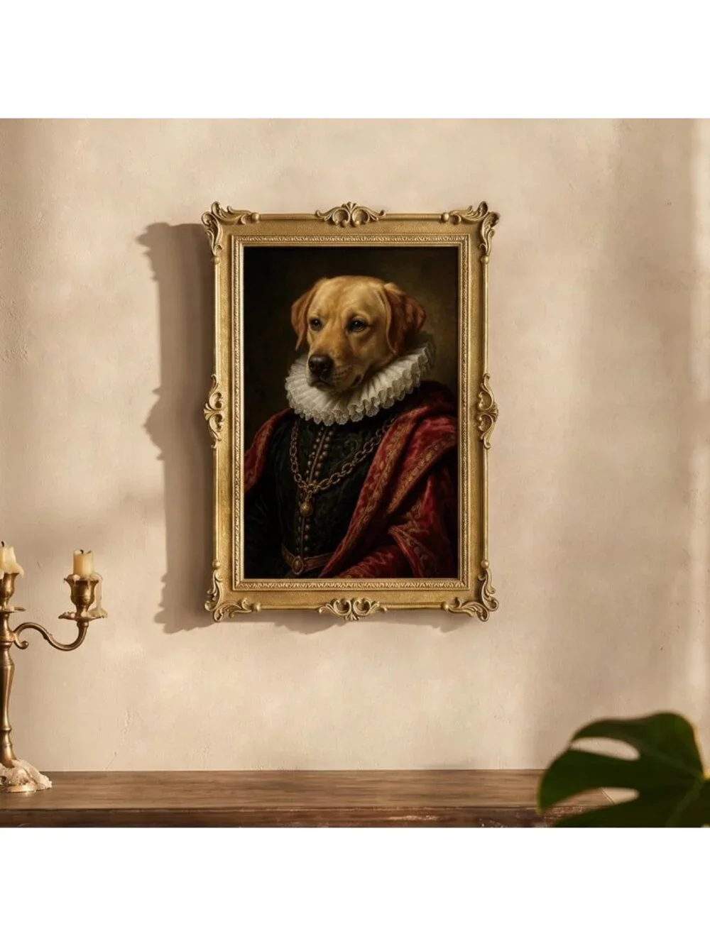 Vintage Baroque Dog Portrait Wall Art, Ornate Framed Canvas Print, Antique Gold